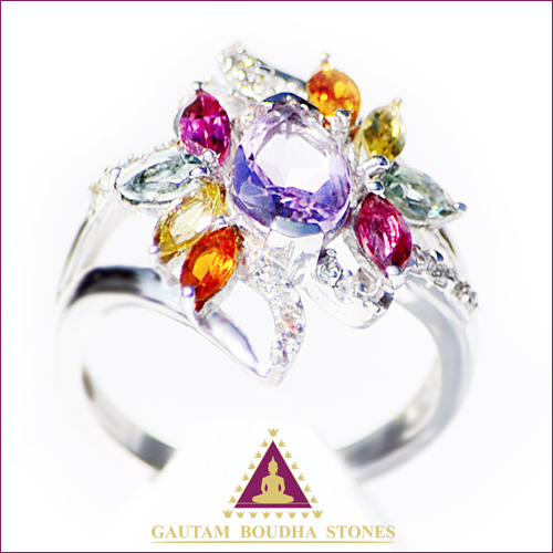 Bague en argent 925, améthyste, tourmalines et topazes blanches Bague en argent 925, améthyste, tourmalines et topazes blanches